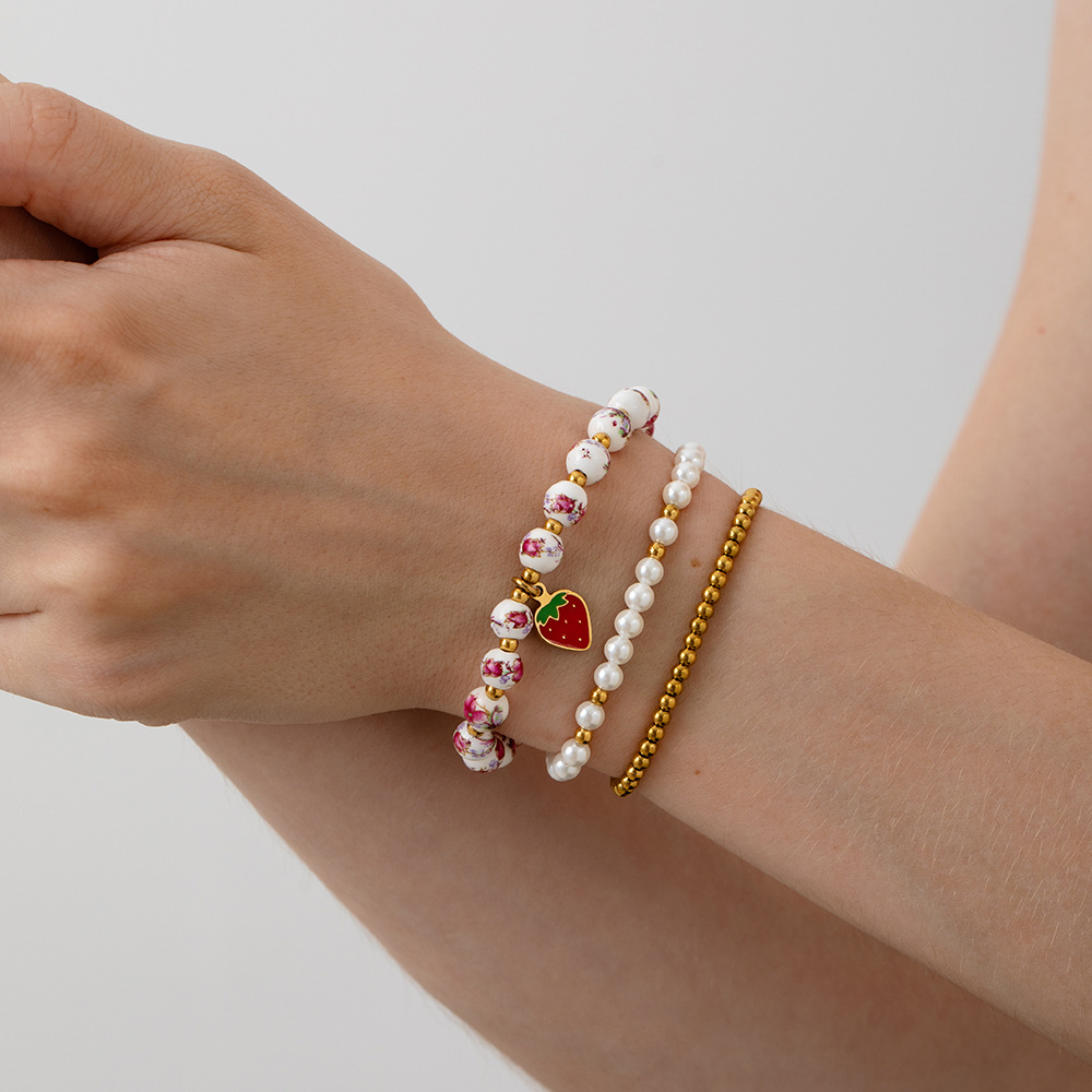 1 Piece Luxurious Series Retro Flower Ceramics  Gold Color  Women's Beaded Bracelets