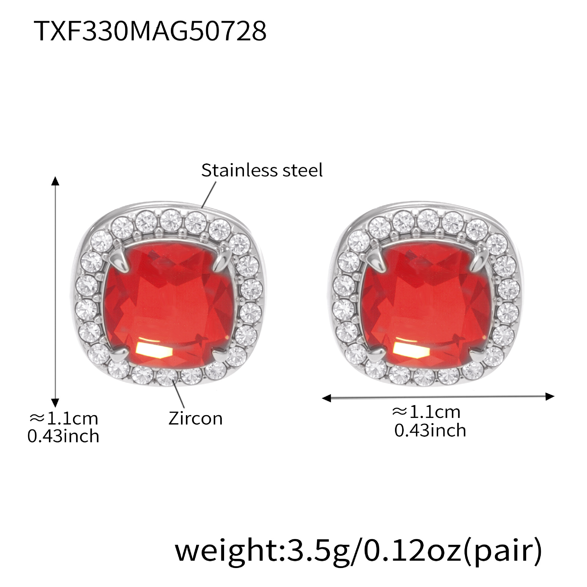 TXF330-Orecchini in acciaio con zircone rosso Immagine5