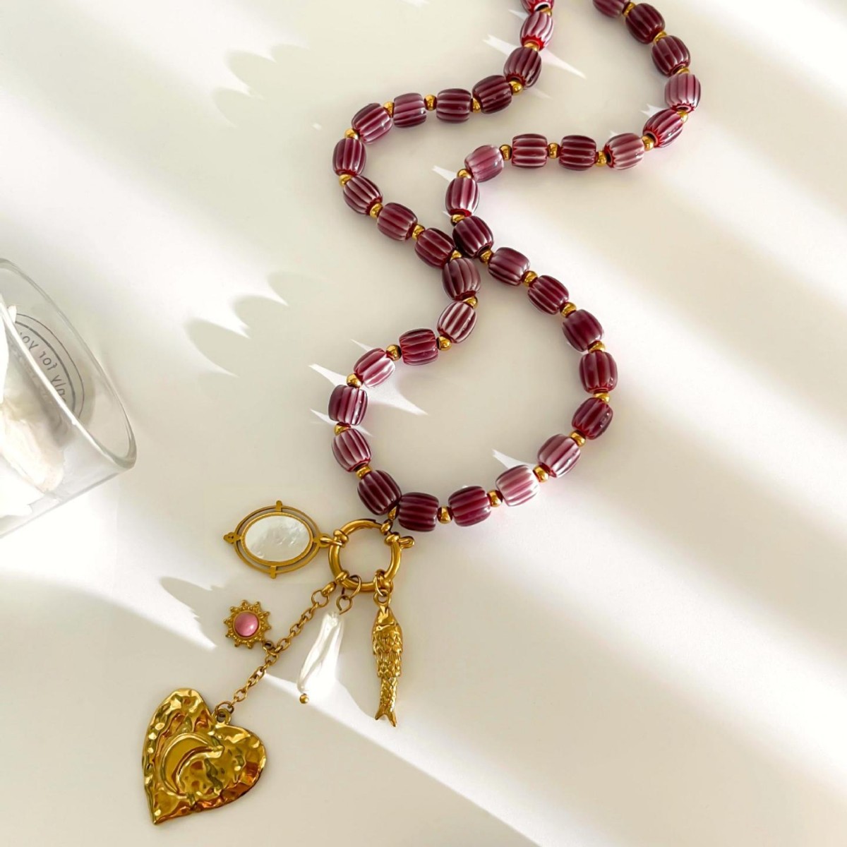 Collier de perles rétro en acier inoxydable couleur or avec cœur, 1 pièce h5 Image5