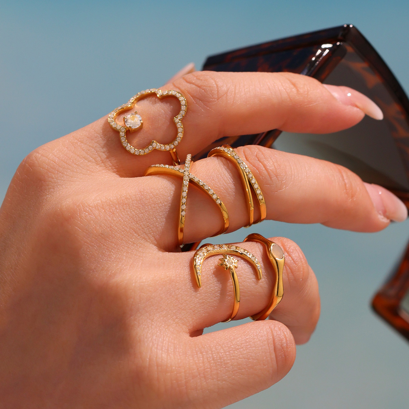 1 Piece Shinning Series Moon Stainless Steel Gold Color Statement Rings Picture3