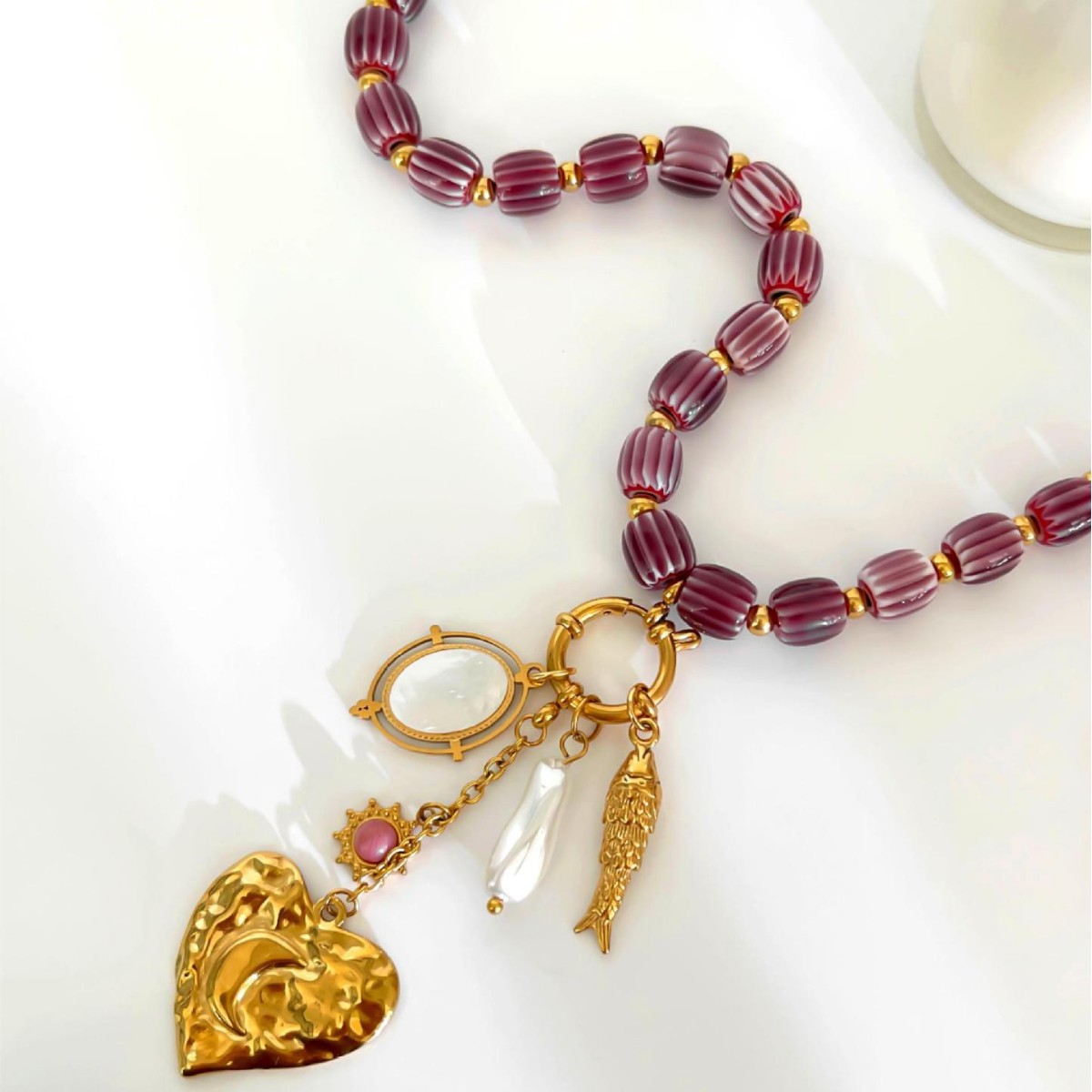 Collier de perles rétro en acier inoxydable couleur or avec cœur, 1 pièce Image4