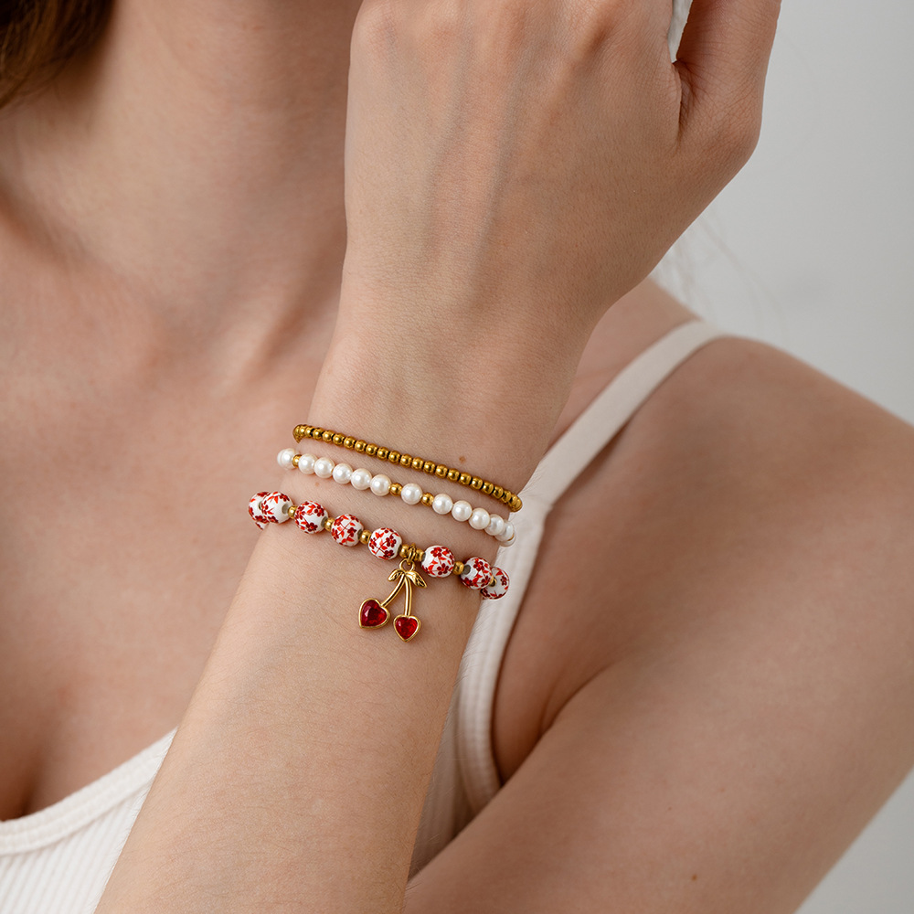 1 Piece  Sweet Flower Ceramics  Gold Color  Women's Beaded Bracelets 2