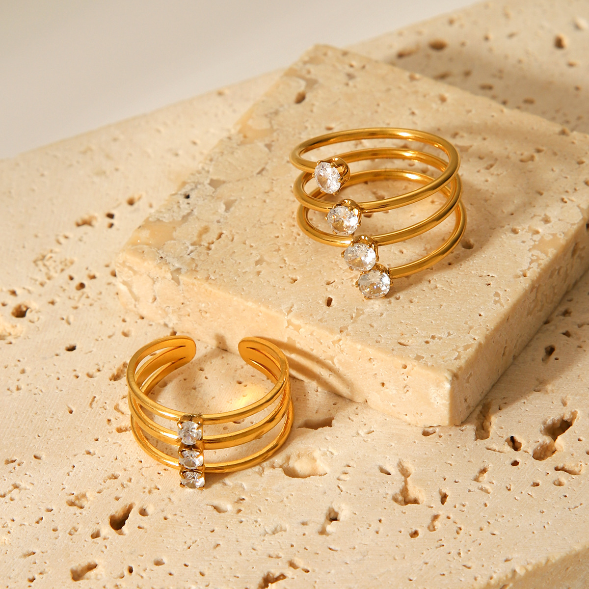 1 Piece Simple Three Layers Stainless Steel   Gold Color  Zircon Statement Rings Picture6
