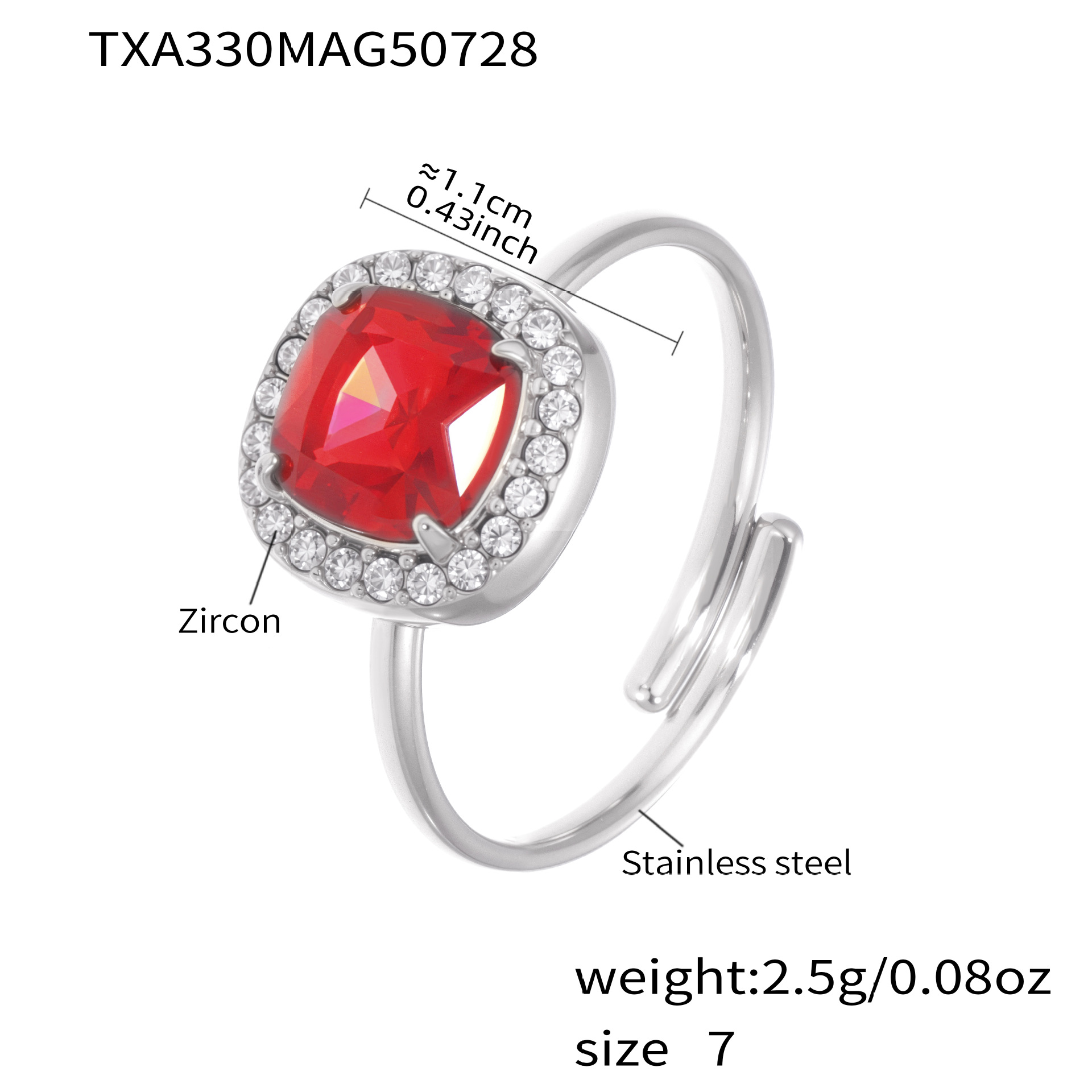 TXA330-Anello in acciaio con zircone rosso-Misura 7 Immagine3
