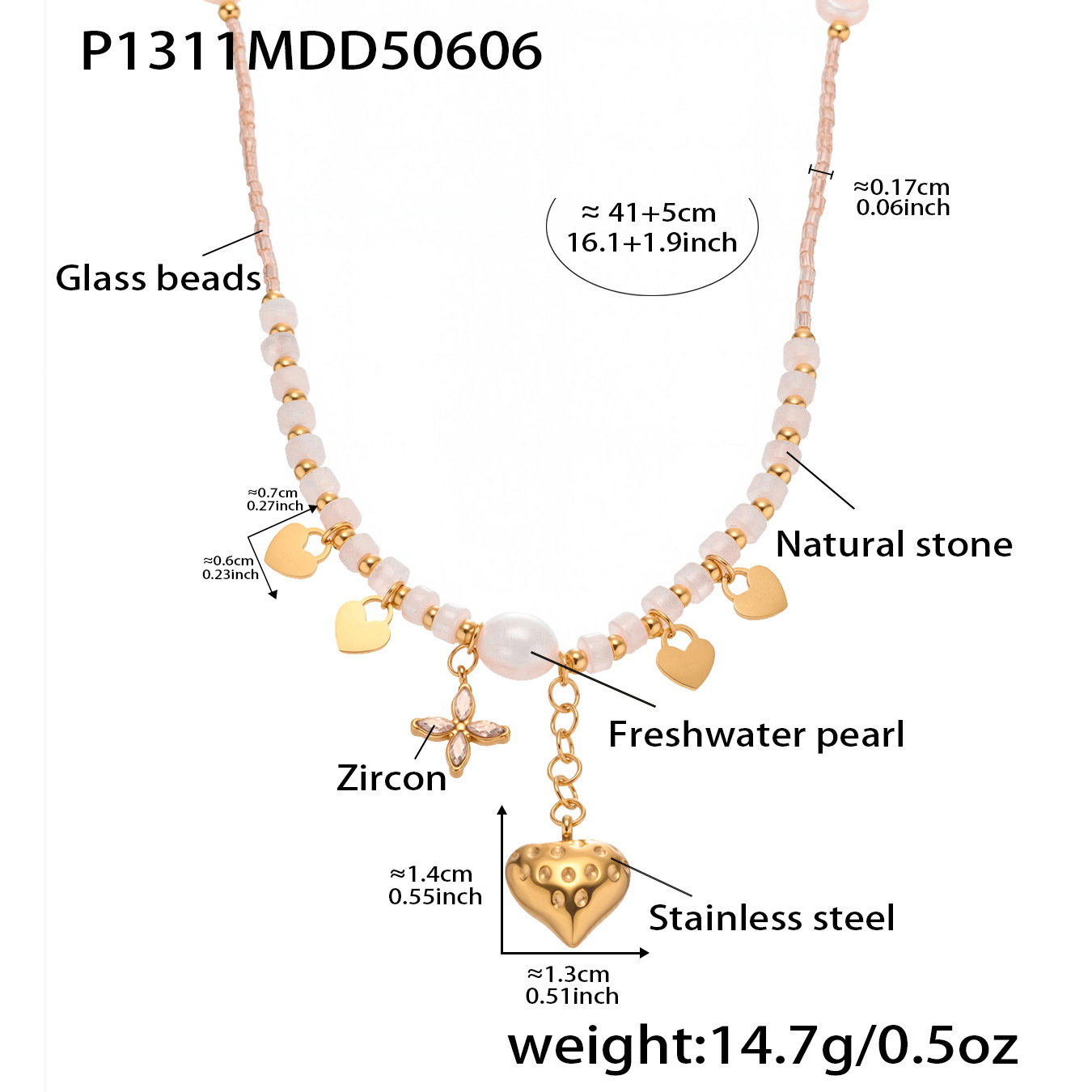 1 Piece Elegant Heart Natural Stones&Pearl Gold Color Women's Beaded Necklaces h5 Picture2