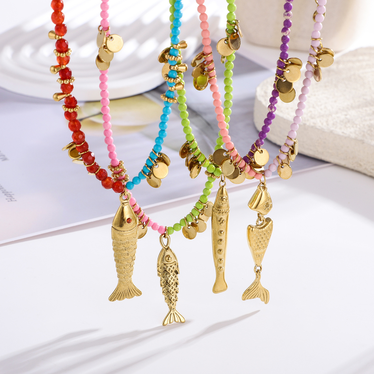 1 Piece Vivid Fish Stainless Steel Gold Color Women's Beaded Necklaces Picture4