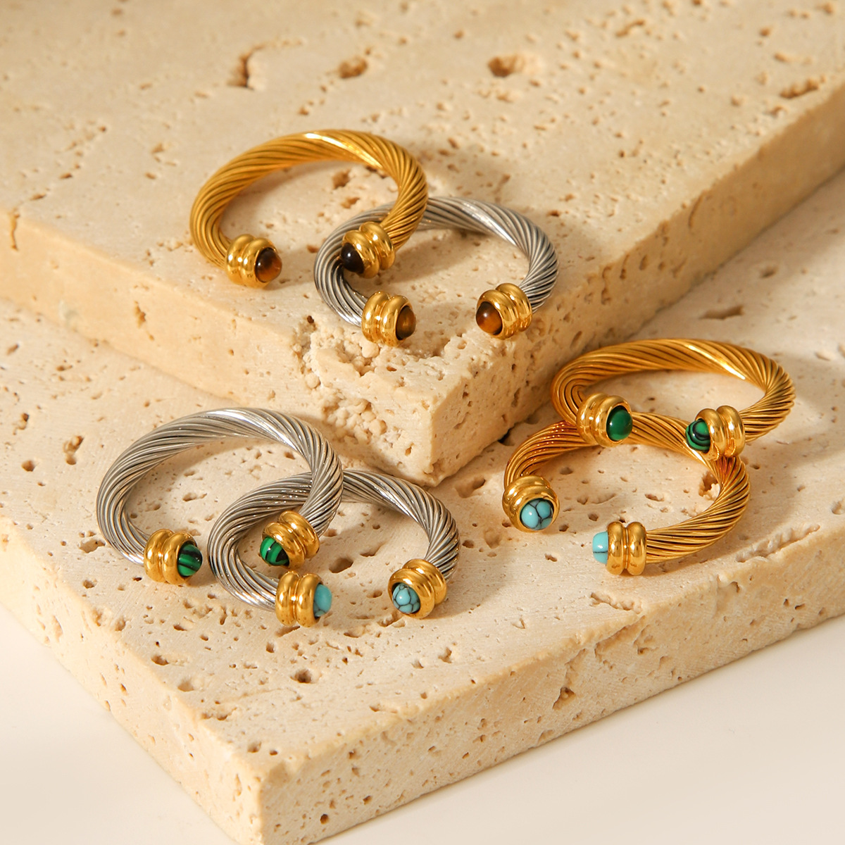 1 Piece Annular Shape Stainless Steel Gold Color Natural Stone Statement Rings Picture4