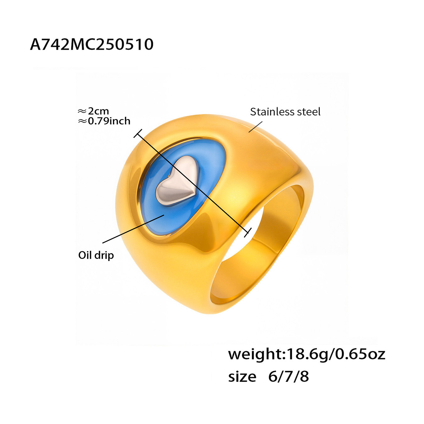 1 Piece Classic Heart Stainless Steel Gold Color Statement Rings h5 Picture2