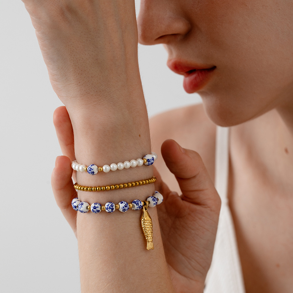 1 Piece Classic Series Elegant Flower Ceramics  Gold Color  Women's Beaded Bracelets 2