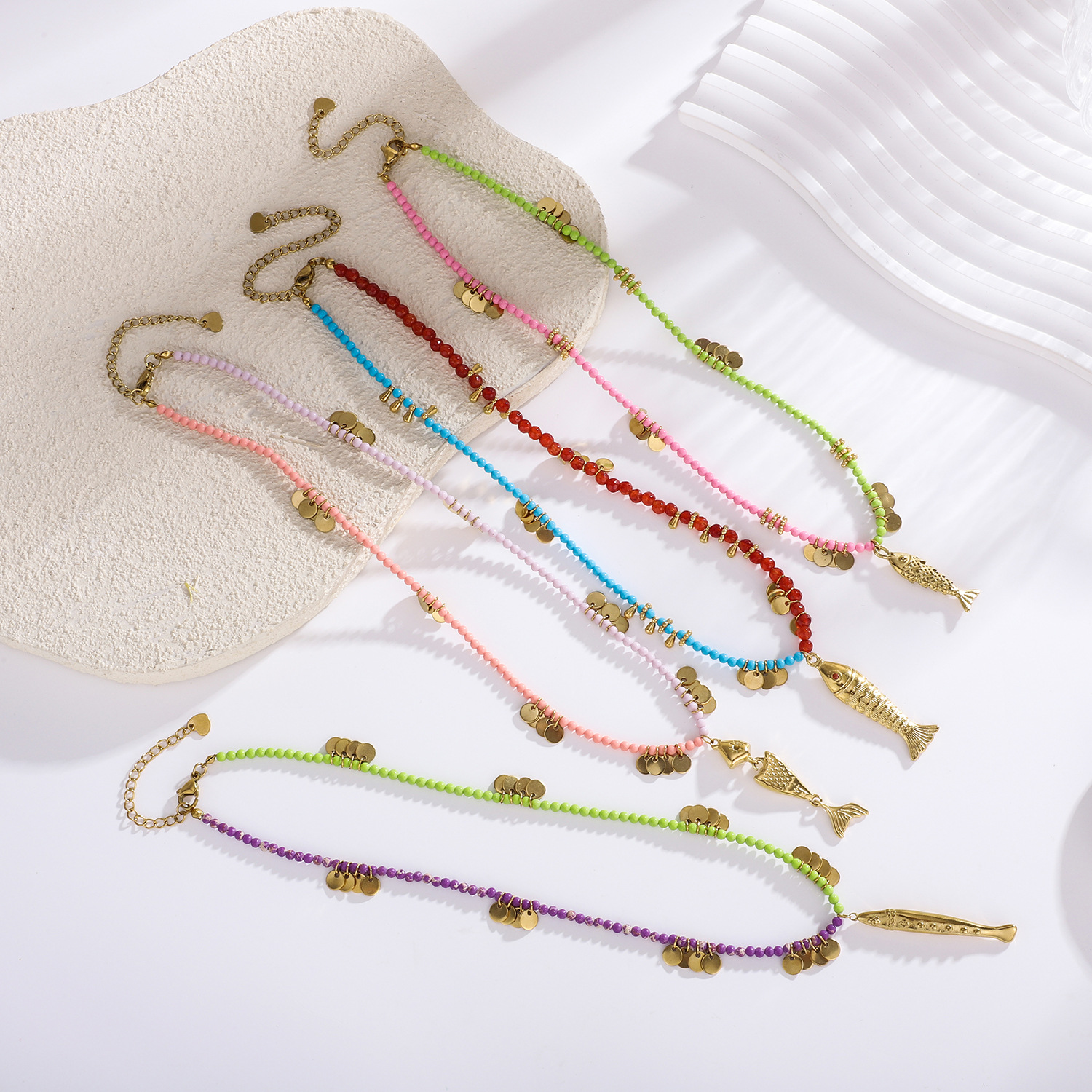 1 Piece Vivid Fish Stainless Steel Gold Color Women's Beaded Necklaces Picture3