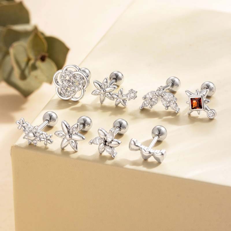 1 Adet Çiçek Kalp Bakır Altın Rengi Zirkonyum Piercing Küpe 2