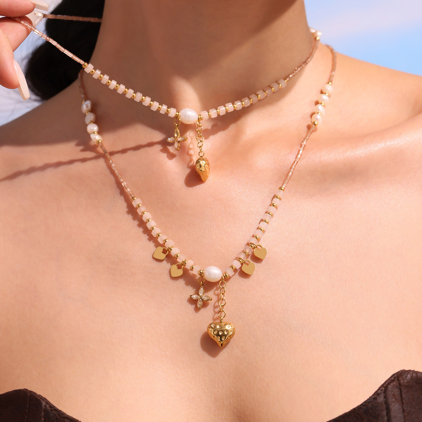 1 Piece Elegant Heart Natural Stones&Pearl Gold Color Women's Beaded Necklaces Picture3