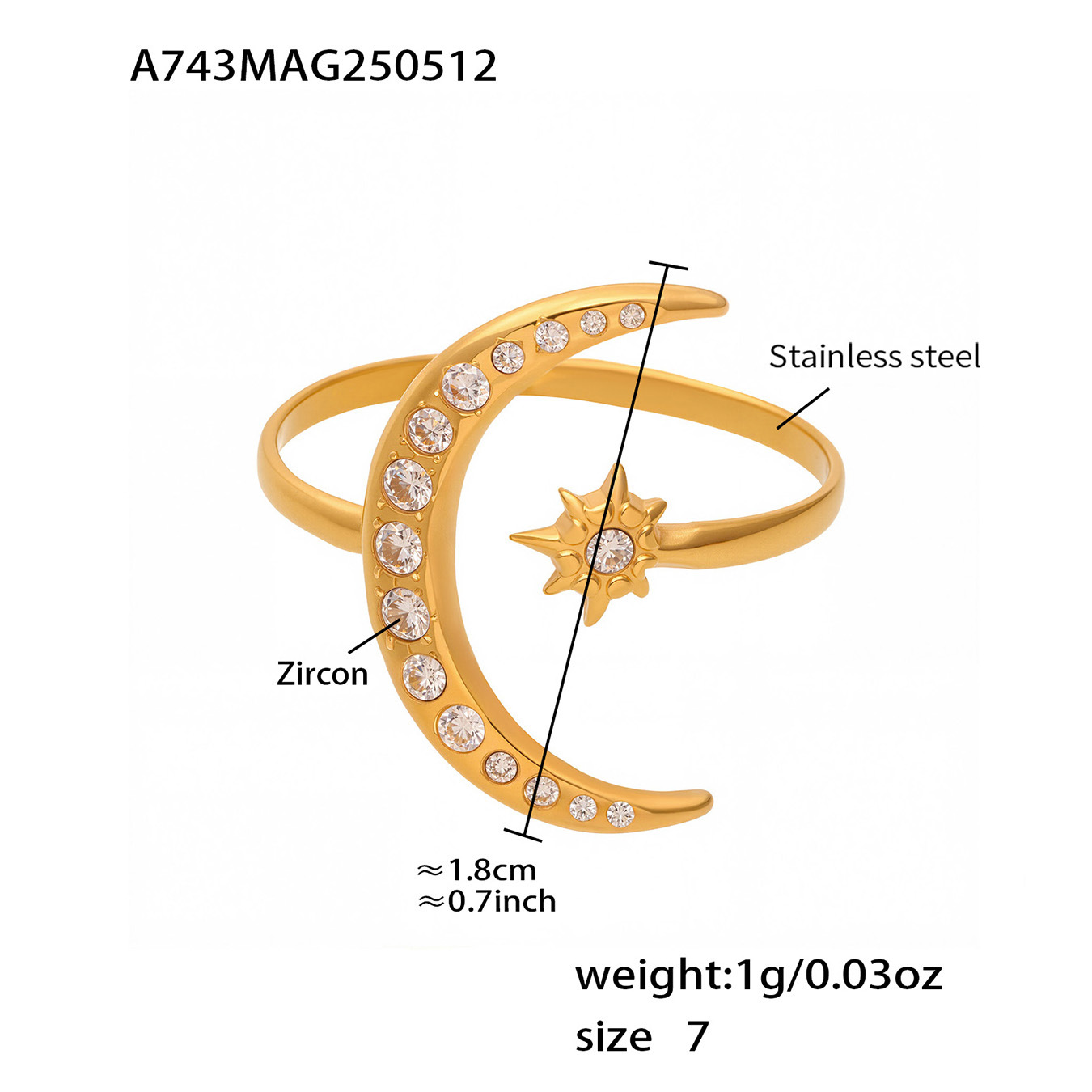 1 Piece Shinning Series Moon Stainless Steel Gold Color Statement Rings Picture2