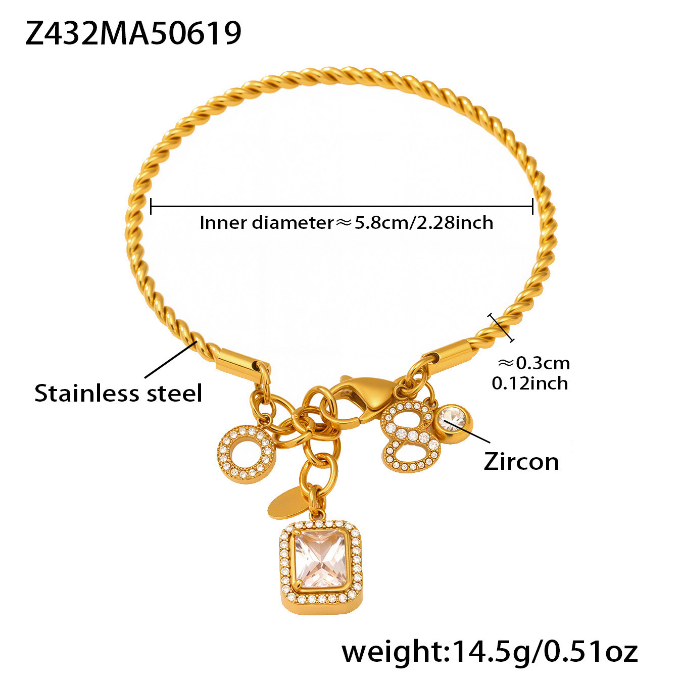 1 Piece Exquisite Rectangle Stainless Steel Gold Color Women's Charm Bracelets h5 Picture2