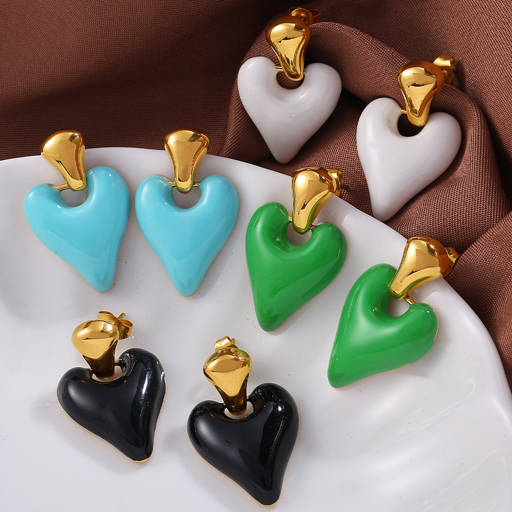 1 Pair Enamel Heart Stainless Steel Drop Earrings Picture3