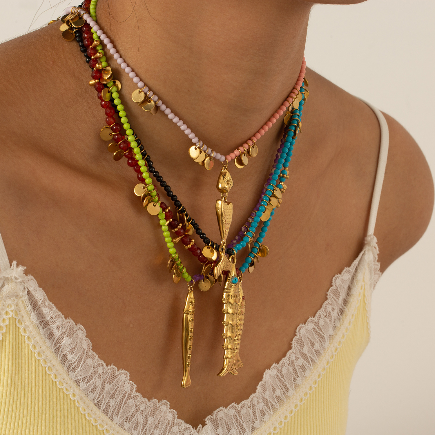 1 Piece Vivid Fish Stainless Steel Gold Color Women's Beaded Necklaces Picture2