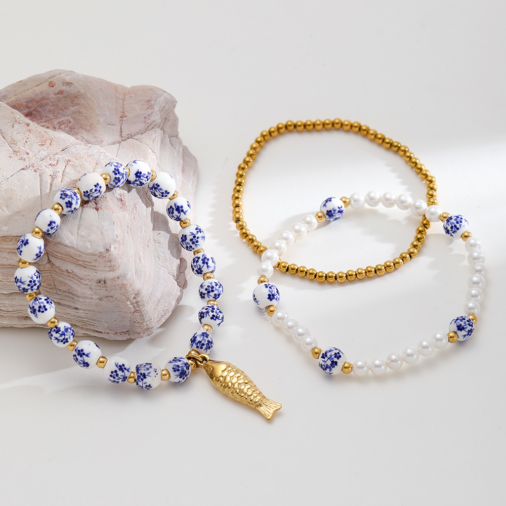 1 Piece Classic Series Elegant Flower Ceramics  Gold Color  Women's Beaded Bracelets Picture3