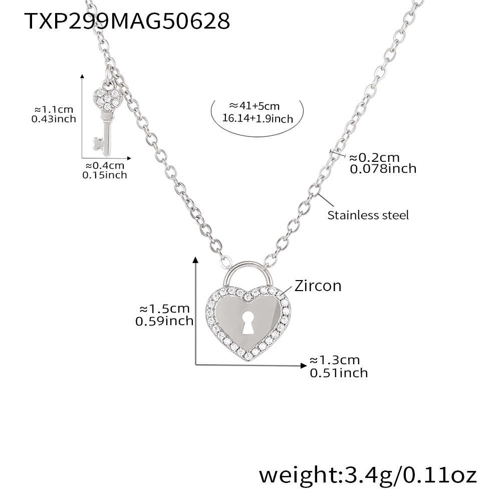 TXP299-Steel 5A Zircon Love Lock Key Necklace 41+5cm Picture2