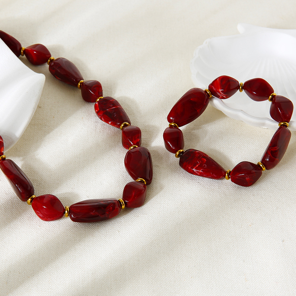 Retro Acrylic Irregular Beads Hematite Gold Color Necklace Set Picture2