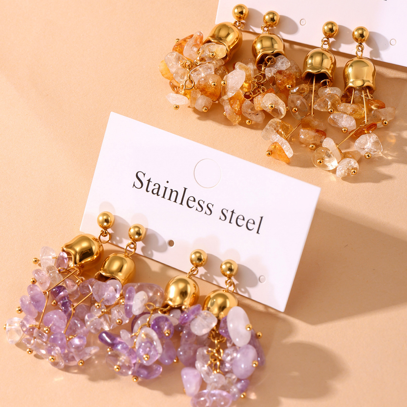 1 Pair Natural Stone Tassel Stainless Steel Gold Color Women's Drop Earrings Picture8