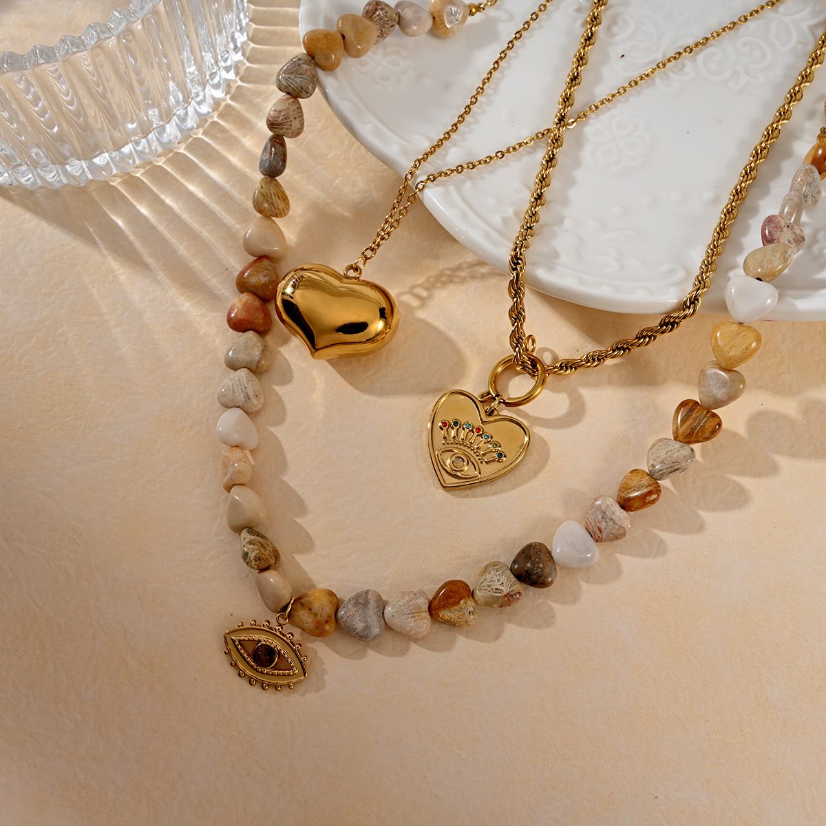1 Piece Retro Heart Natural Stones Gold Color Beaded Necklace h5 Picture2