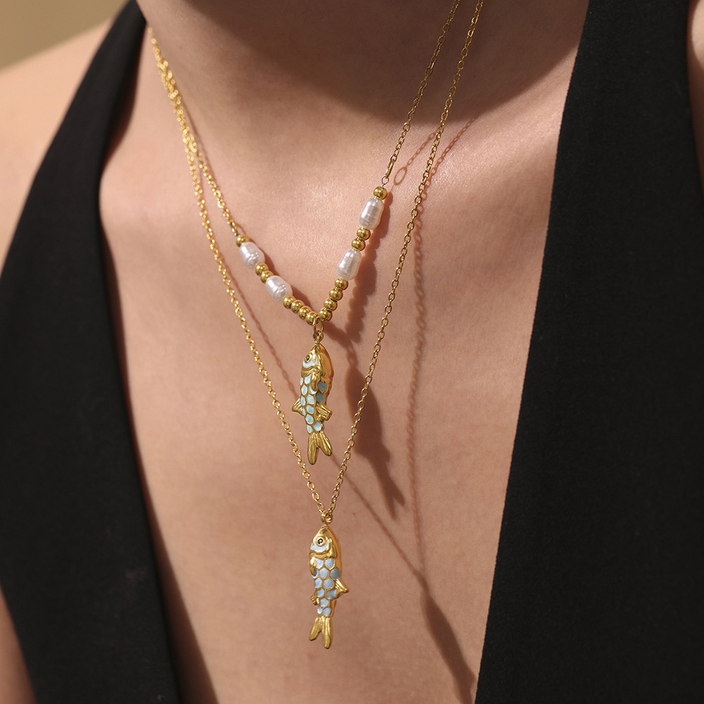 1 Piece Colorful Fish Stainless Steel Gold Color Women's Necklaces Sets h5 Picture4
