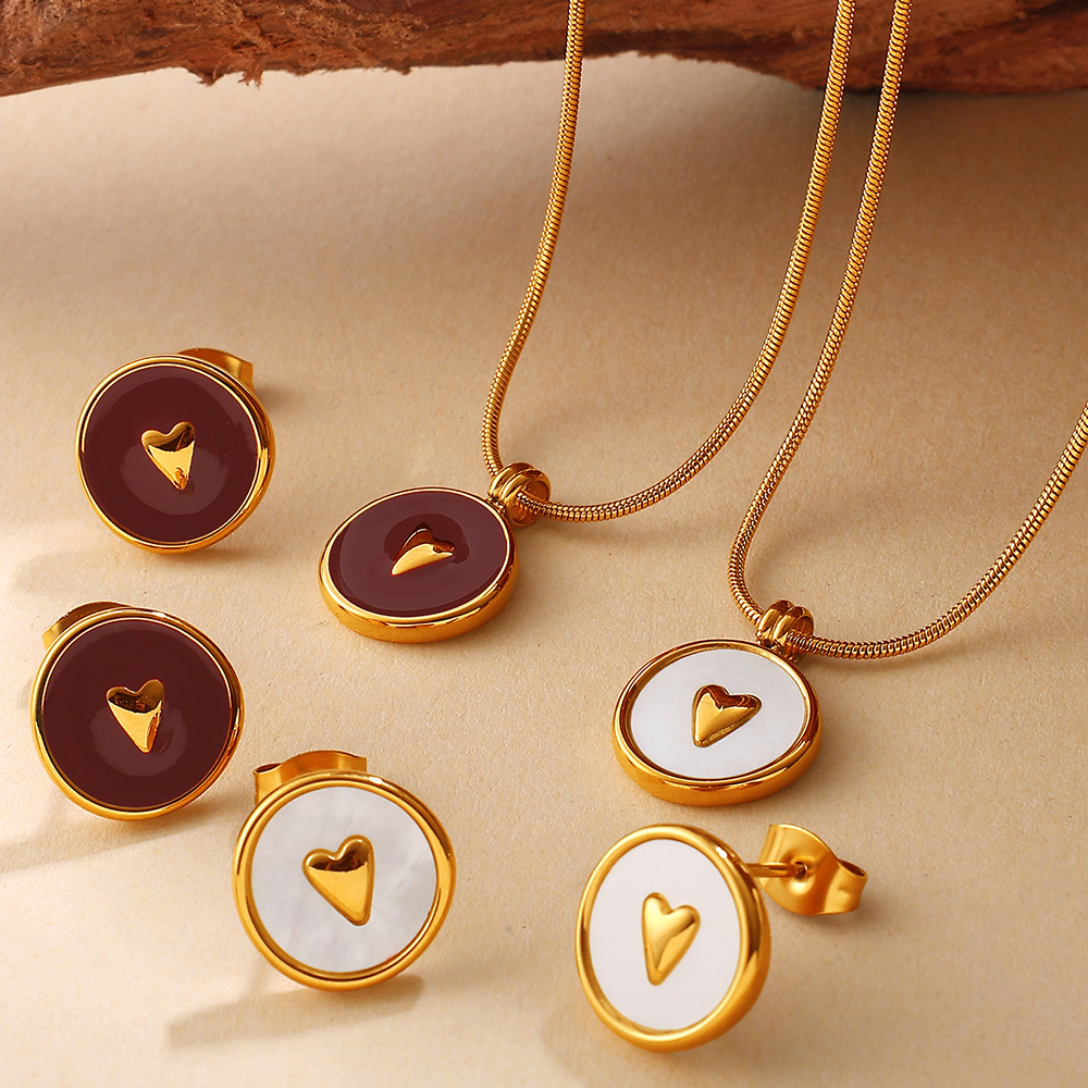 Enamel Heart Stainless Steel  Gold Color Necklace Set 2