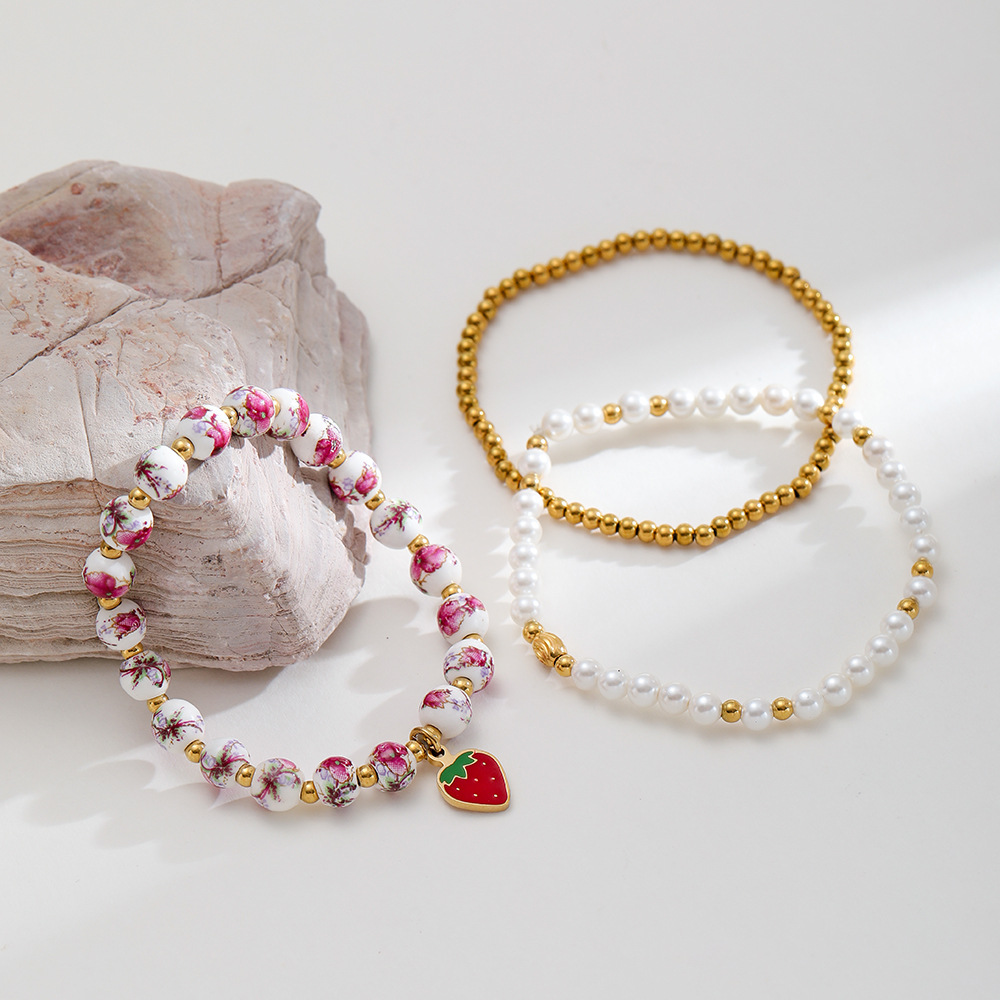 1 Piece Luxurious Series Retro Flower Ceramics  Gold Color  Women's Beaded Bracelets h5 Picture3