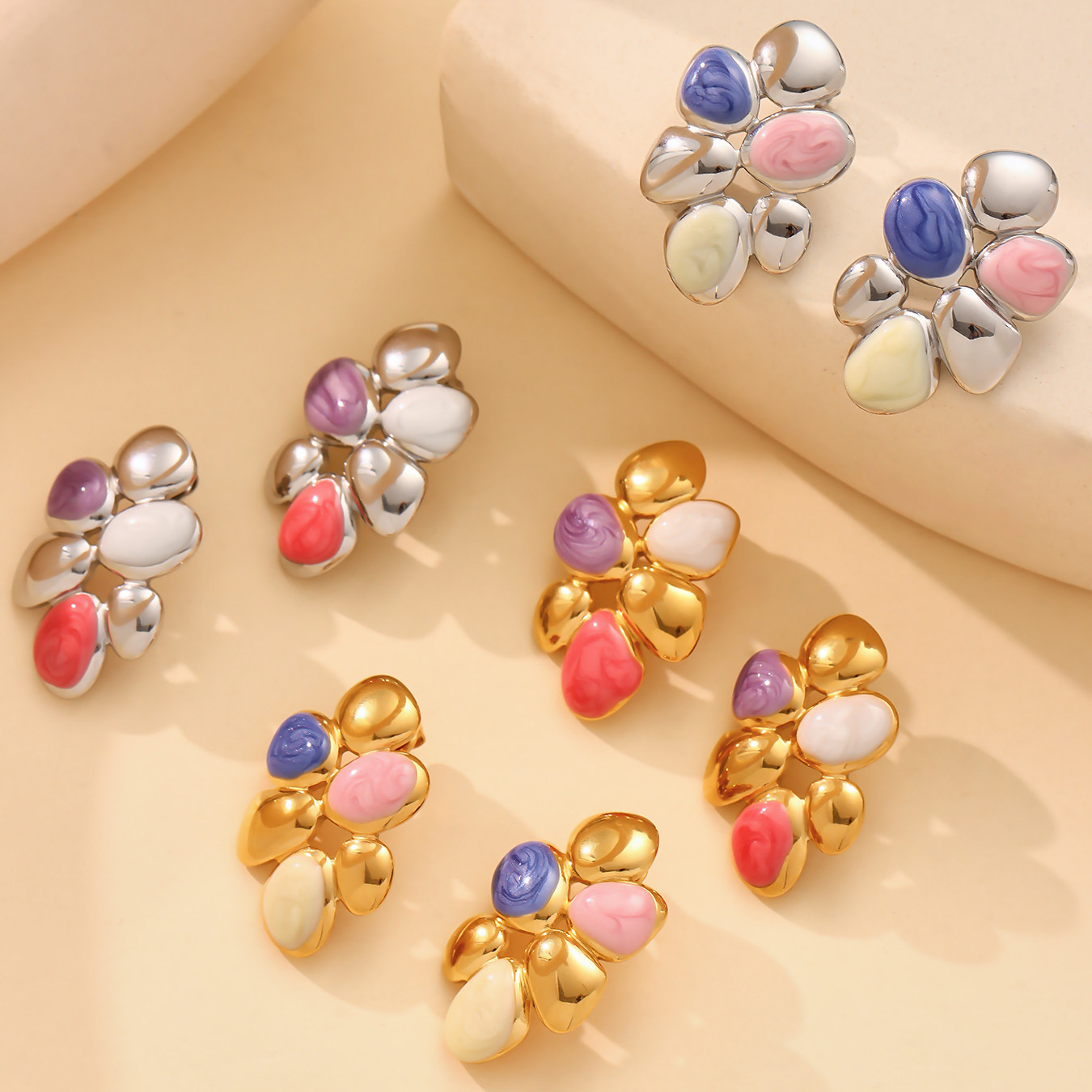 1 Pair Polychrome Flower Stainless SteelGold Color Women's Stud Earrings h5 Picture3