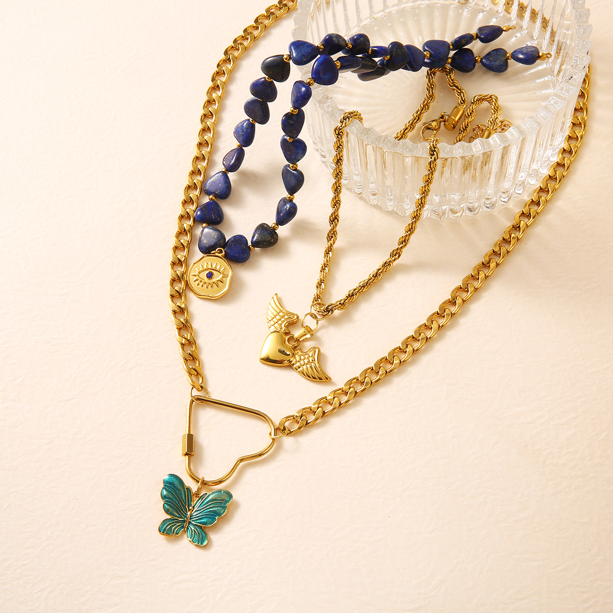1 Piece Retro Heart Natural Stones Gold Color Beaded Necklace Picture3