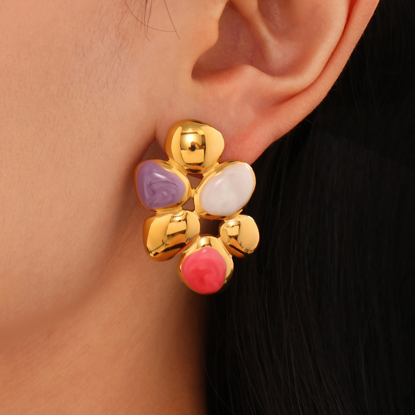 1 Pair Polychrome Flower Stainless SteelGold Color Women's Stud Earrings h5 Picture4