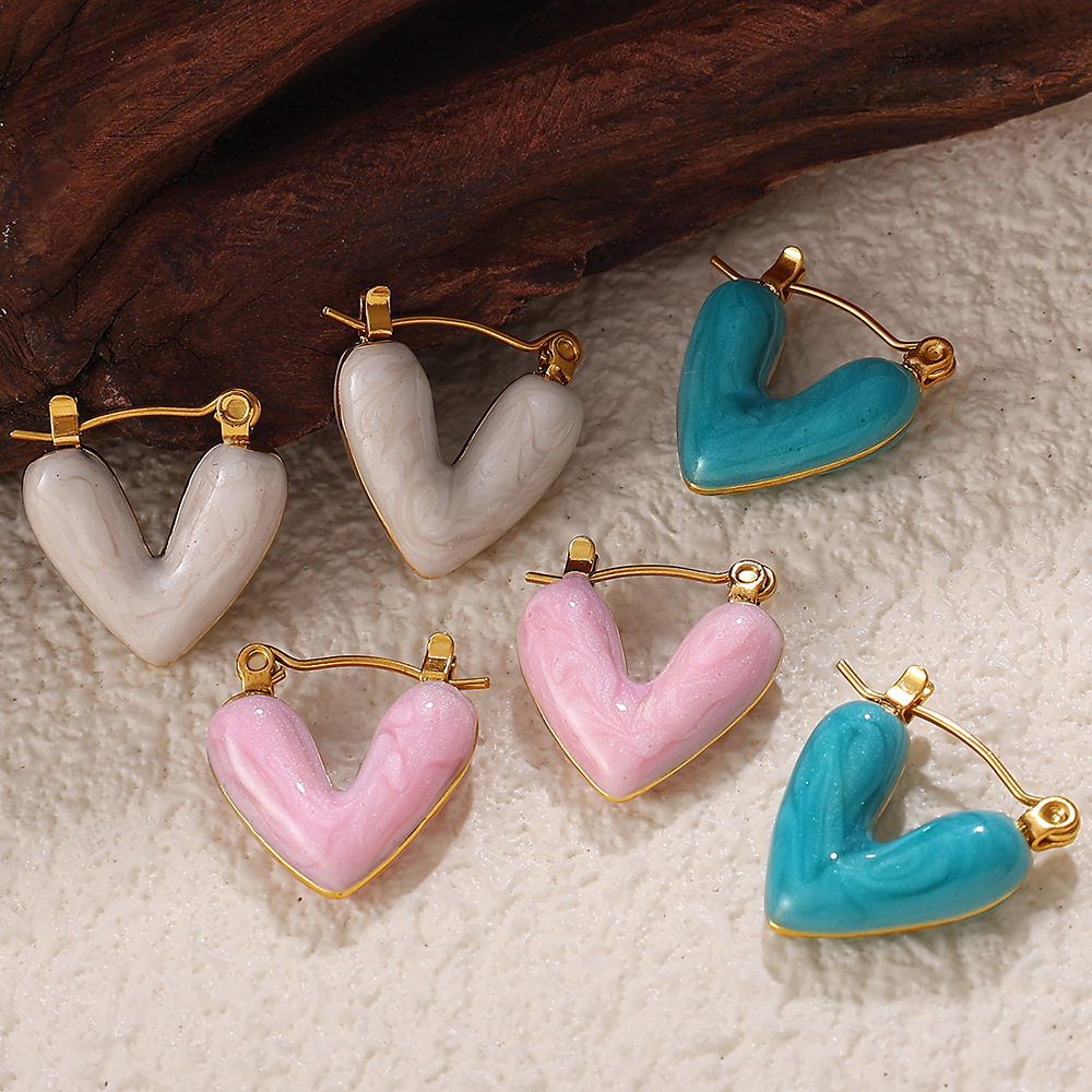 1 Pair Enamel Heart Stainless Steel Drop Earrings