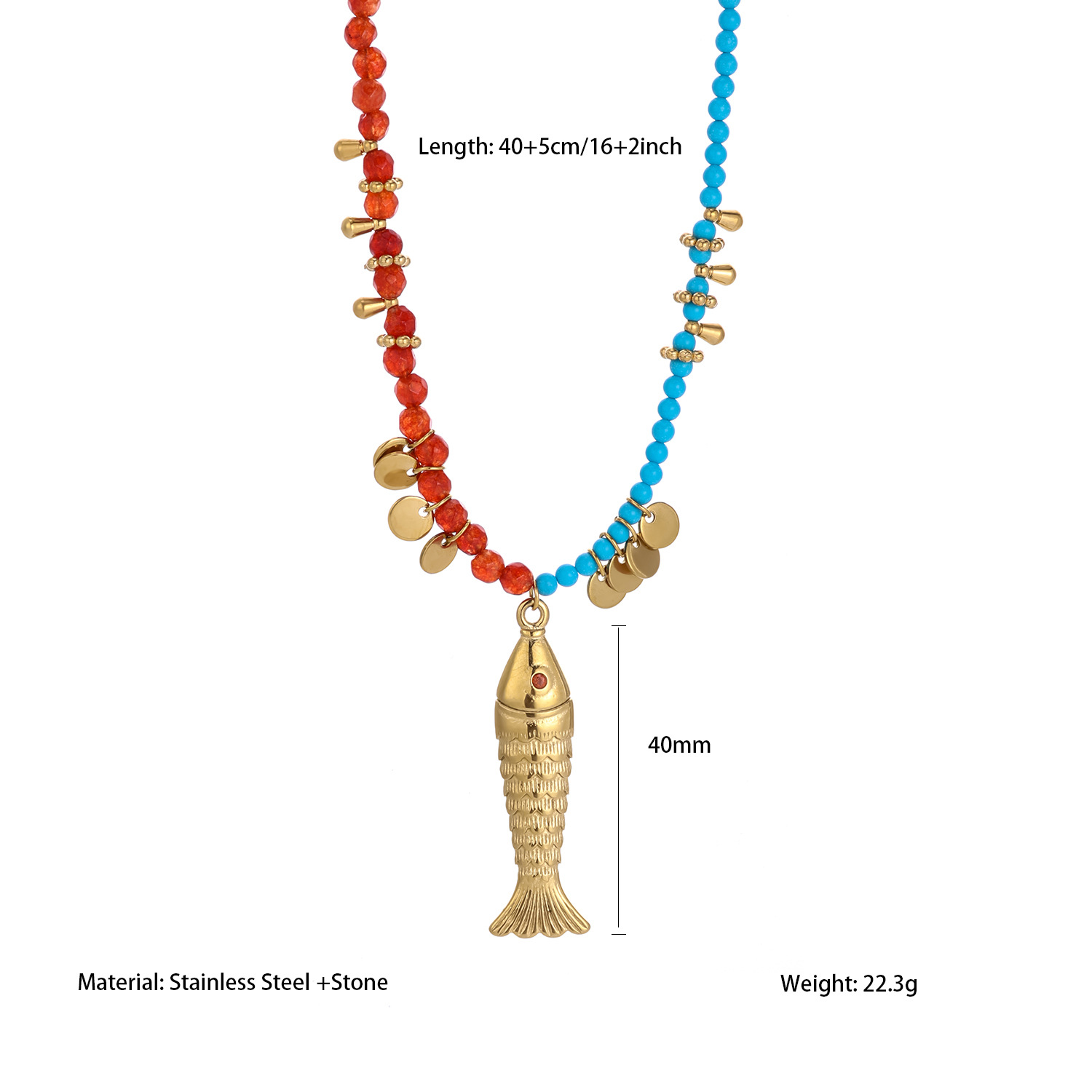 1 Piece Vivid Fish Stainless Steel Gold Color Women's Beaded Necklaces 
