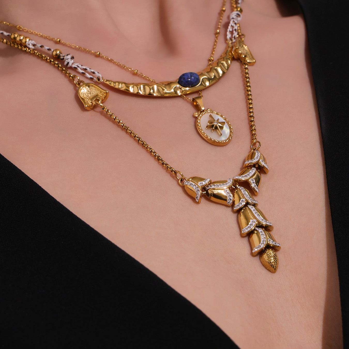 Collana con ciondolo da donna in pietra naturale color oro, 1 pezzo, in acciaio inossidabile chic Immagine4