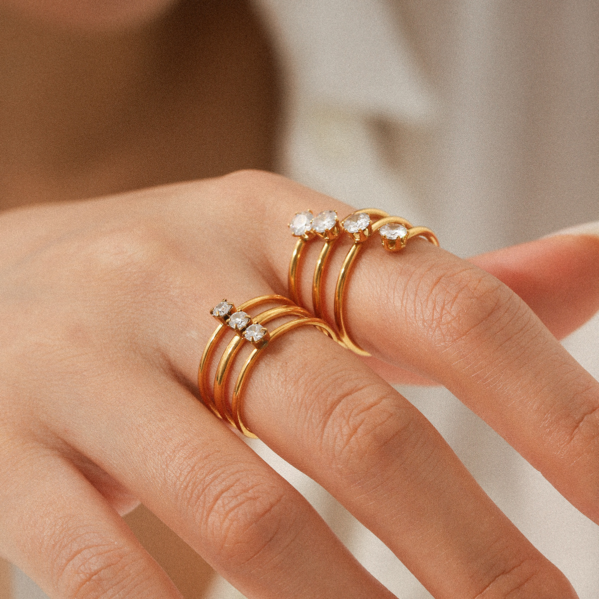 1 Piece Simple Three Layers Stainless Steel   Gold Color  Zircon Statement Rings Picture4