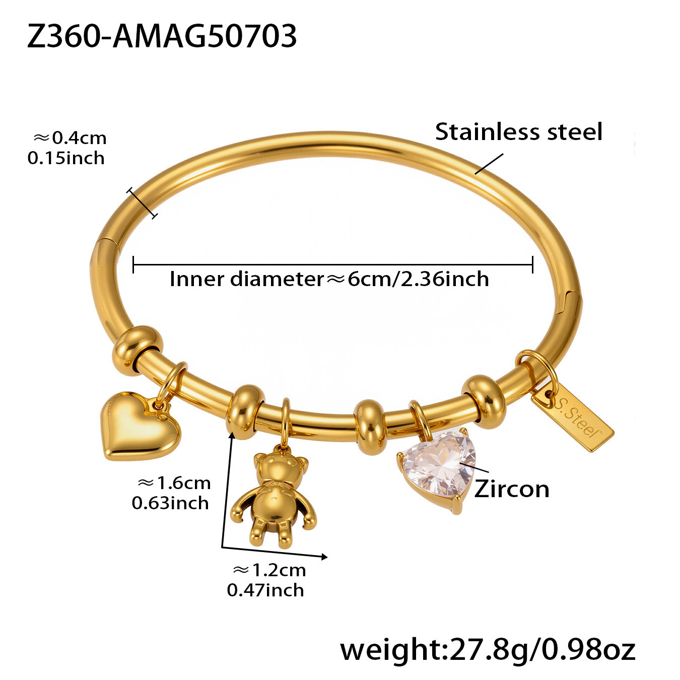 1 Piece Cute Bear Stainless Steel Gold Color Women's Charm Bracelets 