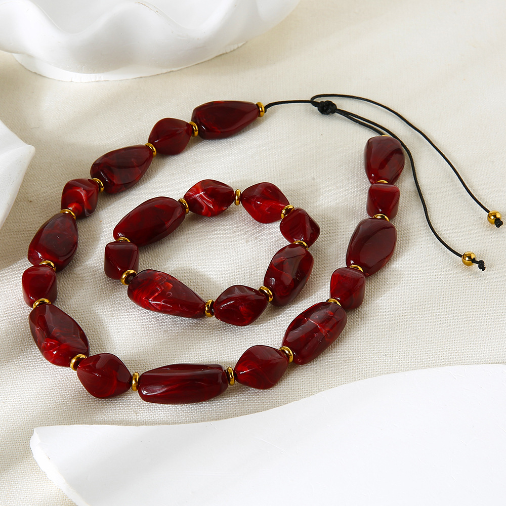 Retro Acrylic Irregular Beads Hematite Gold Color Necklace Set Picture3