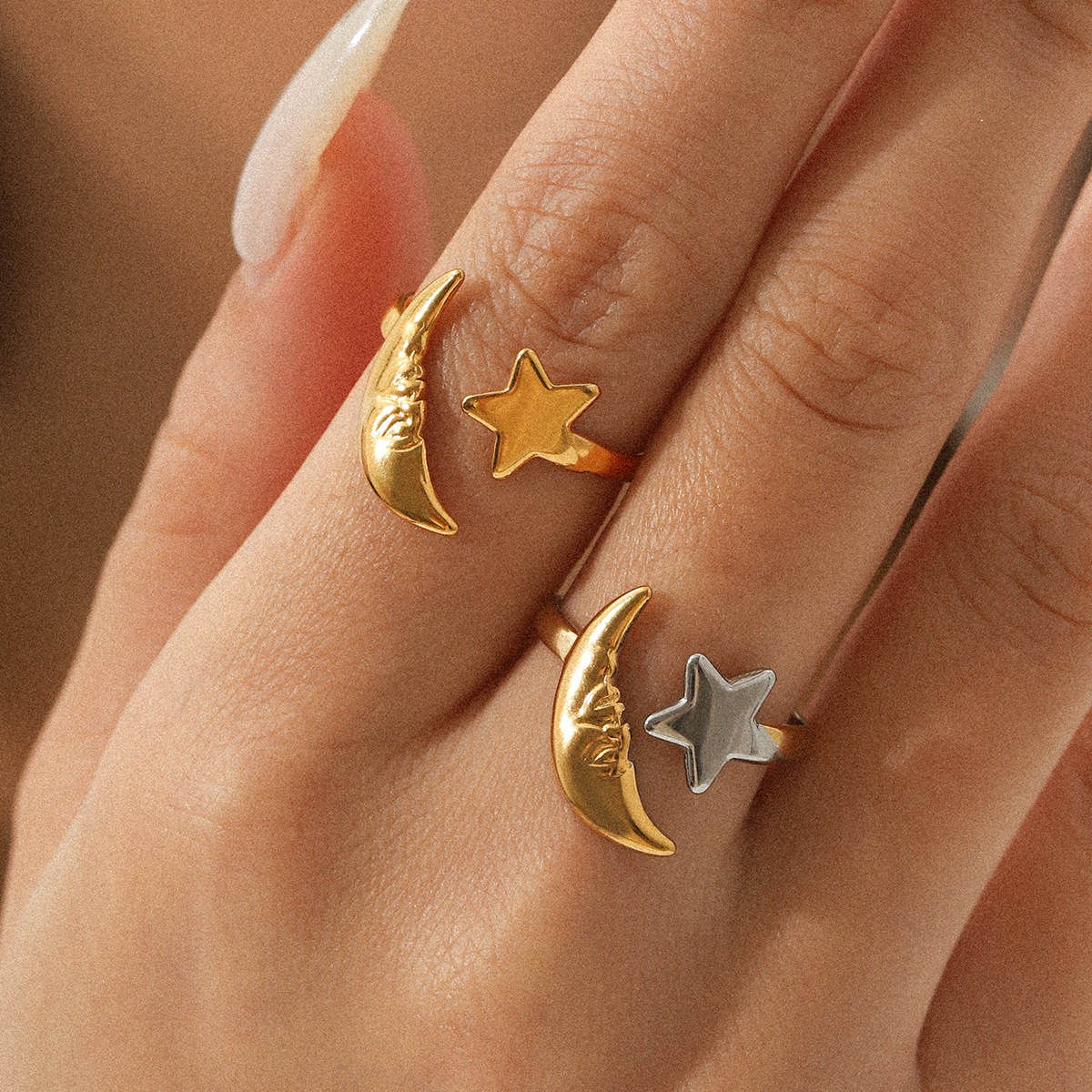 Anelli statement in acciaio inossidabile color oro con luna giornaliera, serie semplice, 1 pezzo 2
