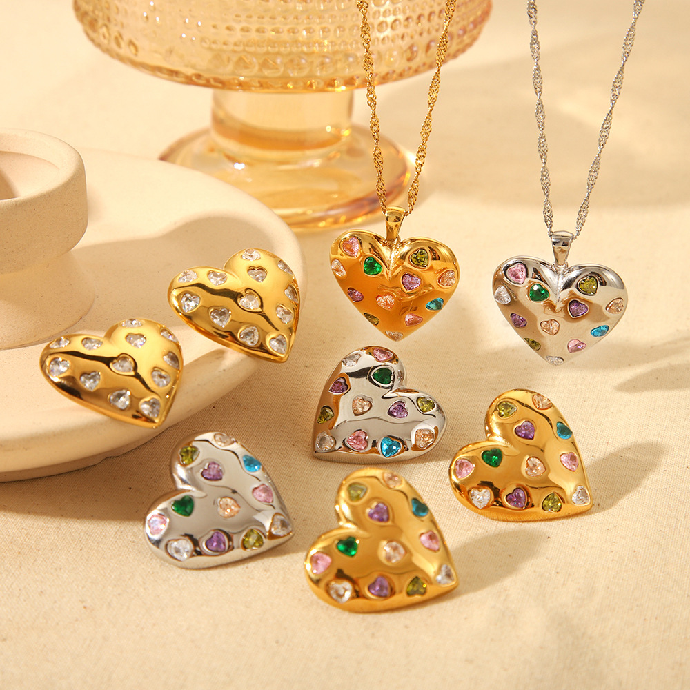1 Piece Romantic Sweet Heart Stainless Steel Zircon Women's Jewelry Sets 2