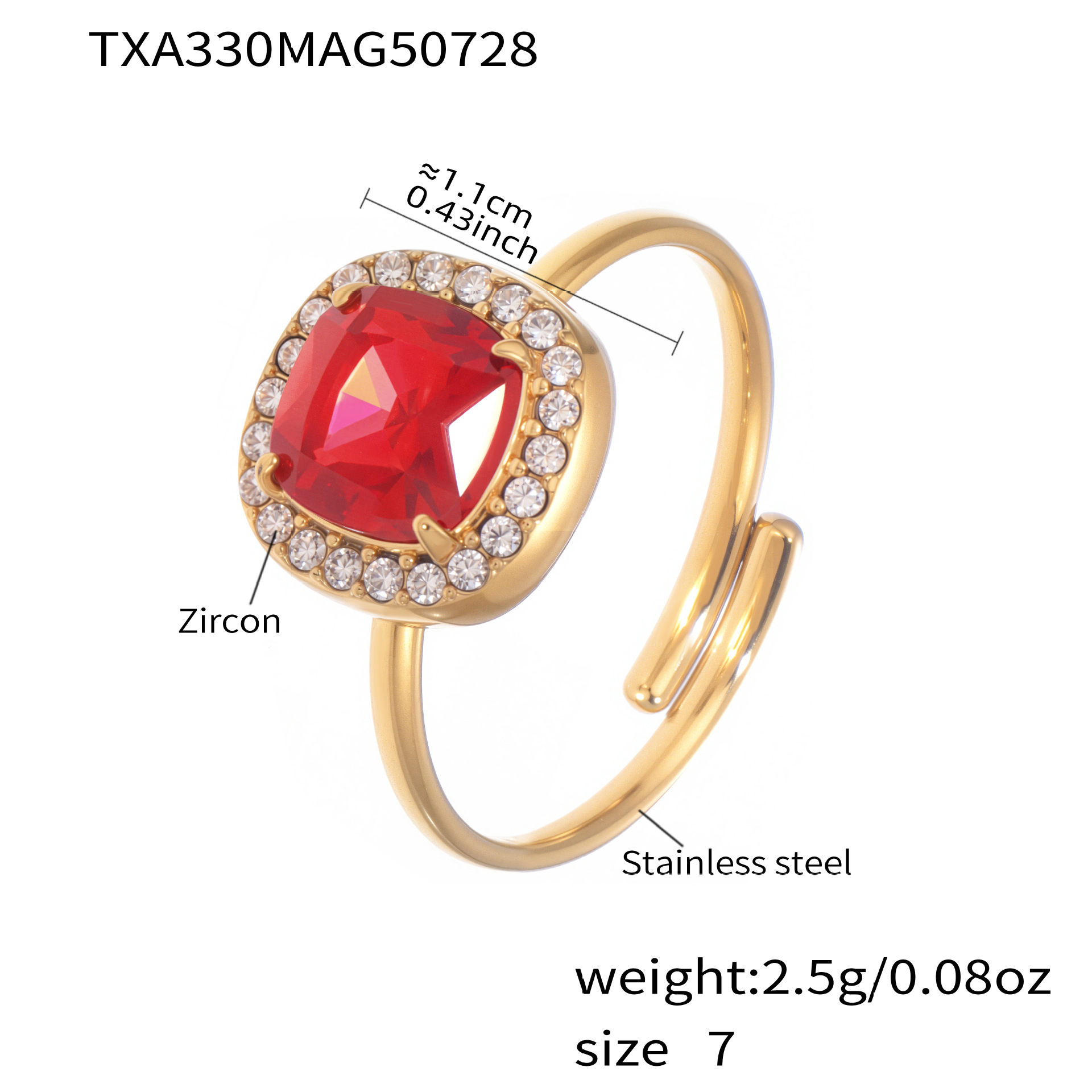 TXA330 - Anello con zircone rosso dorato - Misura 7 Immagine4