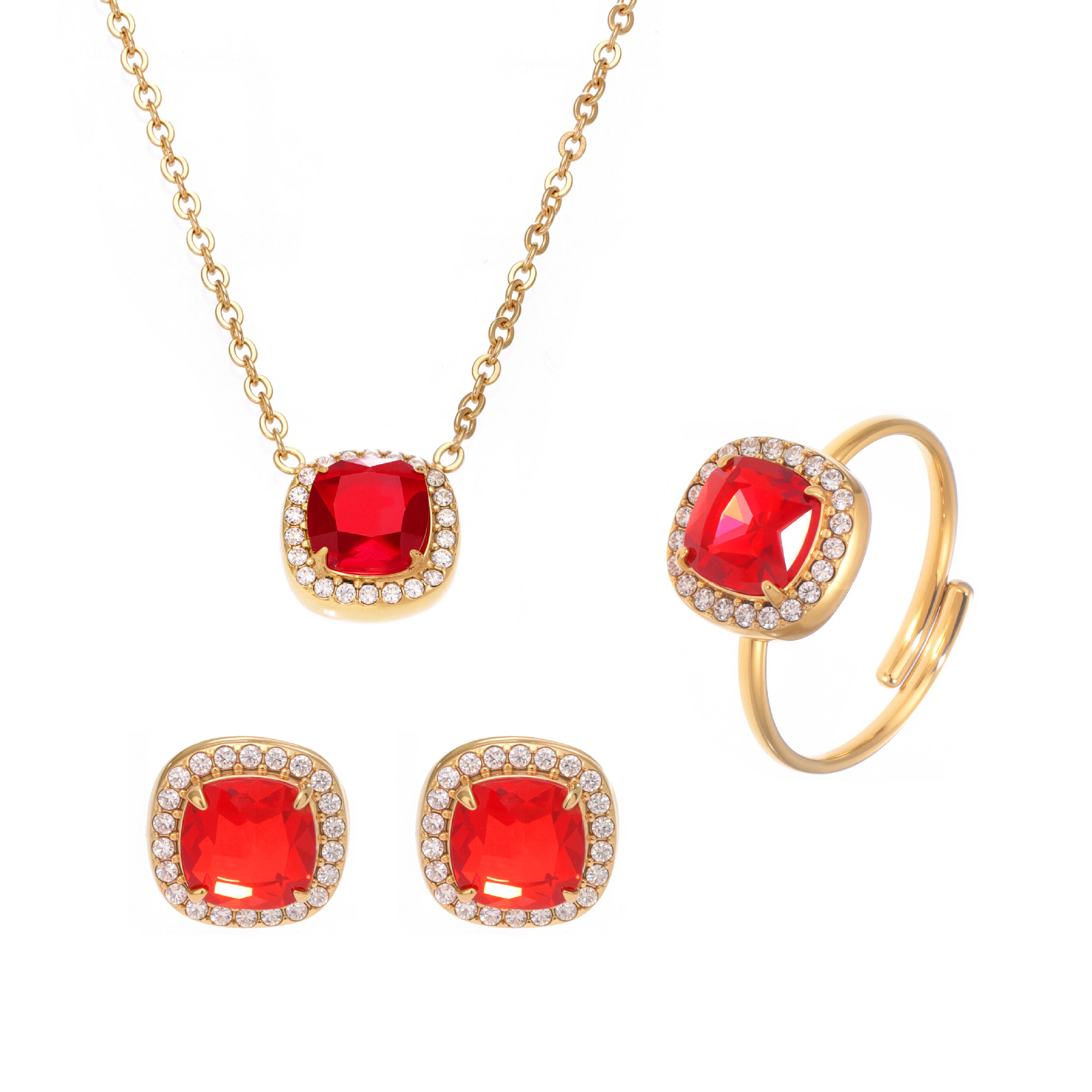 Set di gioielli da donna in acciaio inossidabile quadrato classico color oro con zirconi rossi Immagine8
