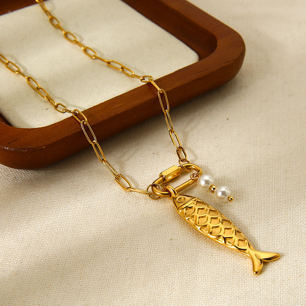 1 pezzo di collana con ciondolo a forma di tartaruga e pesce in acciaio inossidabile color oro h5 Immagine3