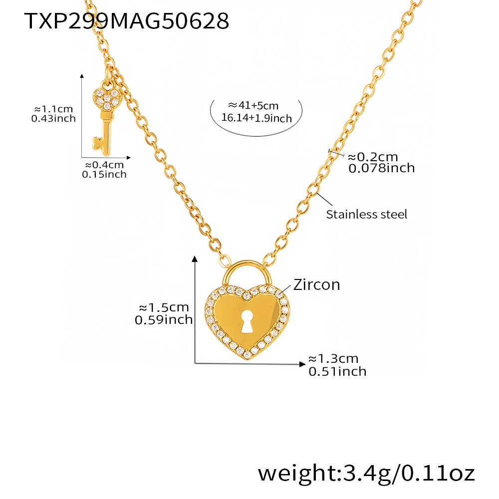 TXP299-Gold 5A zircon love lock key necklace 41+5cm 