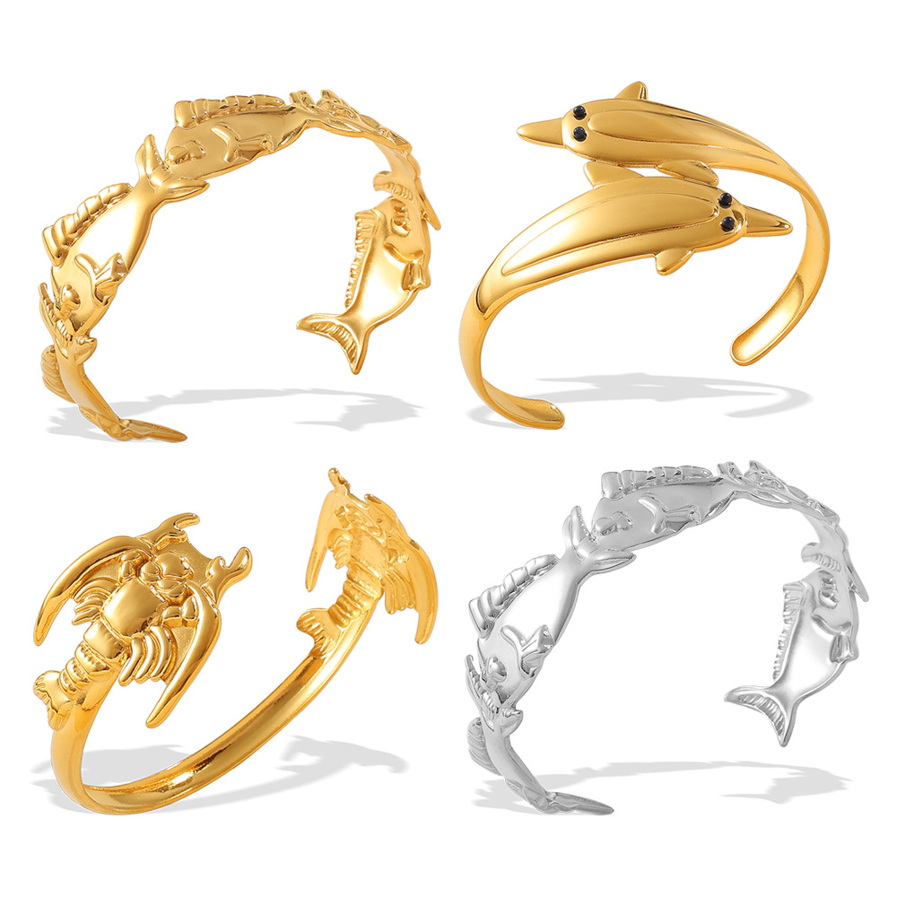 Bracciale rigido color oro a forma di pesce in acciaio inossidabile da 1 pezzo h5 Immagine5